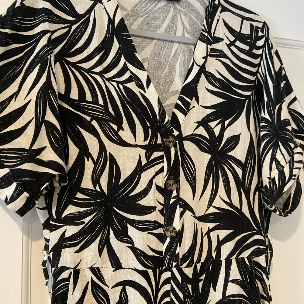 ZARA Black & Cream Palm Print Linen Jumpsuit | Size Small